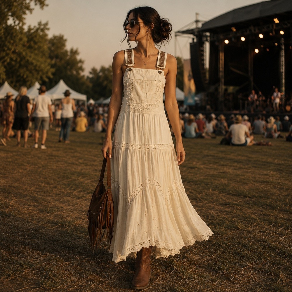 Free People Trails End Ivory Cotton Crochet Lace Tiered Skirtall Dress Womens M